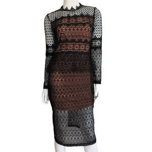 French Connection Sheer Crochet Lace Bodycon Midi Dress 2‎ Whimsigoth Witchy Y2K